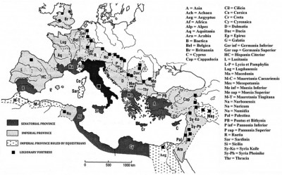 Figure 1. Map of the Roman Empire, including the Roman provinces and legionary fortresses (after M. Bărbulescu—coordinator, Atlas-dicționar al Daciei romane, Cluj-Napoca, 2005, map I).